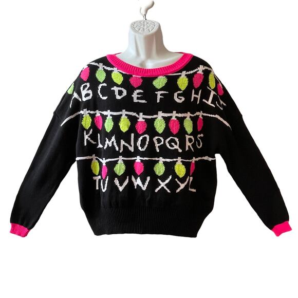 Stranger Things Neon Pink Alphabet Light Up Ugly Christmas Sweater Size XL - Picture 1 of 5